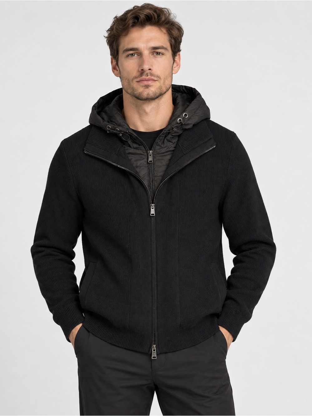 BOSS Hugo Boss Black Cotton Virgin Wool Hybrid Hooded Full Zip Sweater Jacket L
